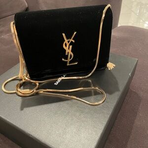Yves Saint Laurent Black Velvet Clutch with Gold Accents